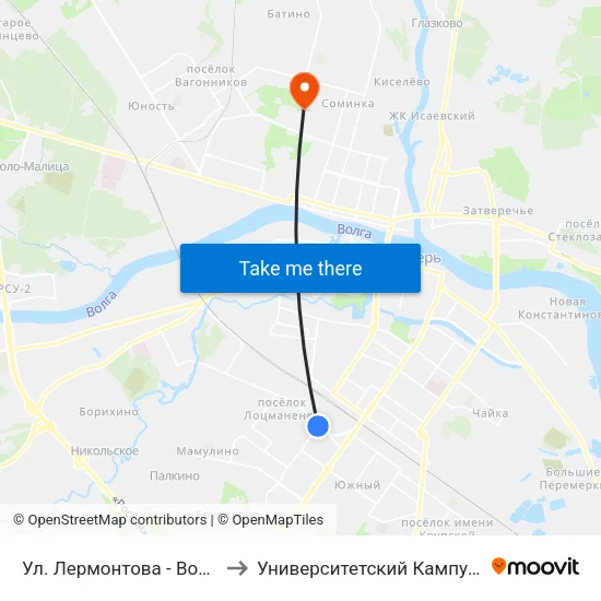 Ул. Лермонтова - Волоколамское Ш. to Университетский Кампус Твгу ""Соминка"" map