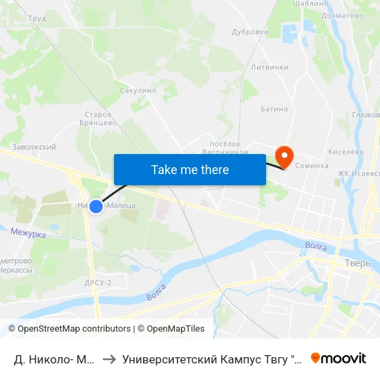 Д. Николо- Малица to Университетский Кампус Твгу ""Соминка"" map