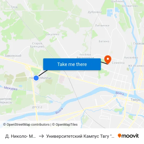 Д. Николо- Малица to Университетский Кампус Твгу ""Соминка"" map
