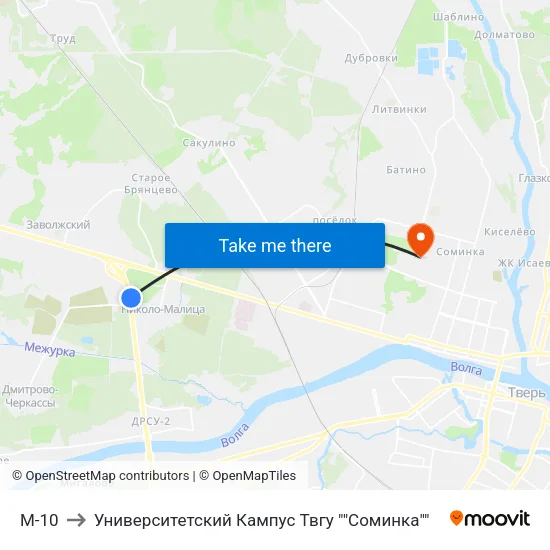 М-10 to Университетский Кампус Твгу ""Соминка"" map