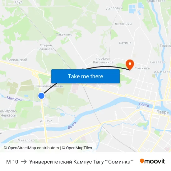 М-10 to Университетский Кампус Твгу ""Соминка"" map