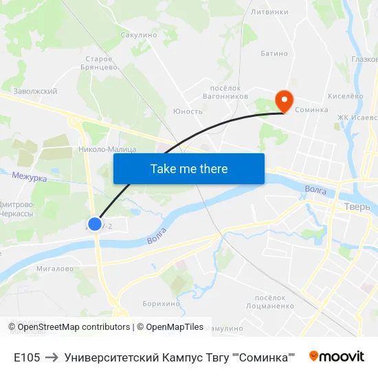 E105 to Университетский Кампус Твгу ""Соминка"" map