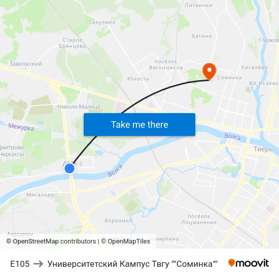 E105 to Университетский Кампус Твгу ""Соминка"" map