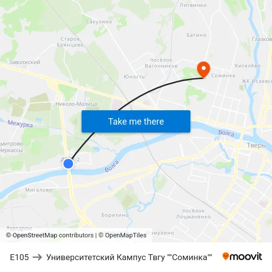 E105 to Университетский Кампус Твгу ""Соминка"" map