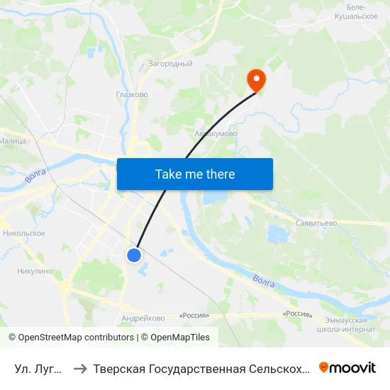 Ул. Луговая, 21 to Тверская Государственная Сельскохозяйственная Академия map