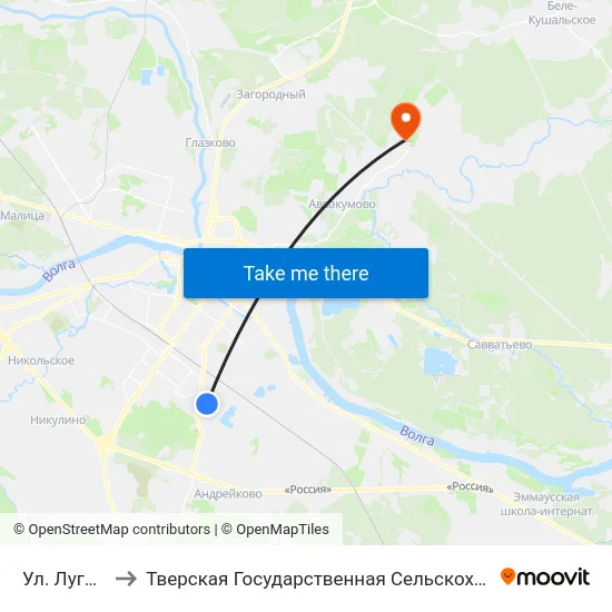Ул. Луговая, 51 to Тверская Государственная Сельскохозяйственная Академия map