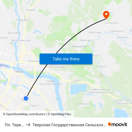 Пл. Терешковой to Тверская Государственная Сельскохозяйственная Академия map