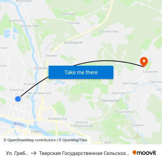 Ул. Грибоедова to Тверская Государственная Сельскохозяйственная Академия map