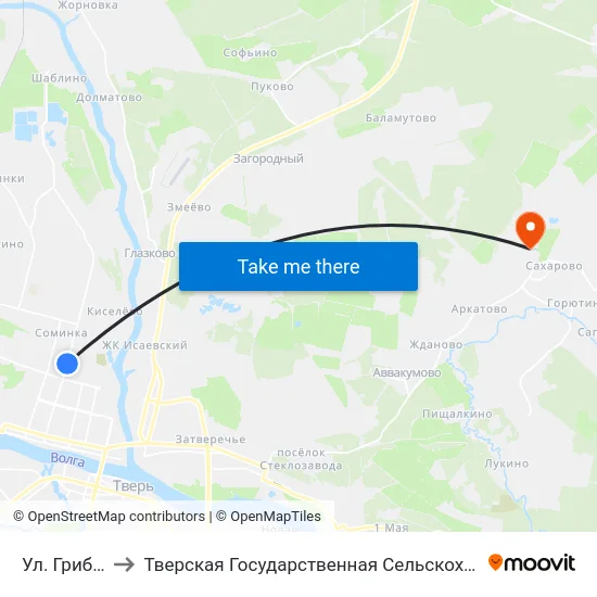 Ул. Грибоедова to Тверская Государственная Сельскохозяйственная Академия map