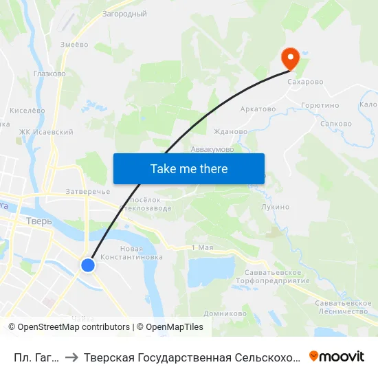 Пл. Гагарина to Тверская Государственная Сельскохозяйственная Академия map