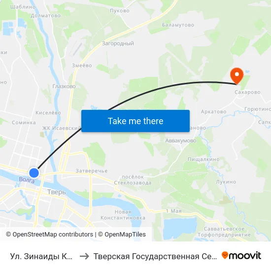 Ул. Зинаиды Конноплянниковой to Тверская Государственная Сельскохозяйственная Академия map