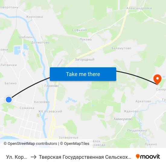 Ул. Короленко to Тверская Государственная Сельскохозяйственная Академия map