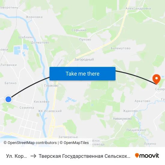 Ул. Короленко to Тверская Государственная Сельскохозяйственная Академия map