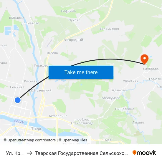 Ул. Красина to Тверская Государственная Сельскохозяйственная Академия map