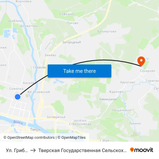 Ул. Грибоедова to Тверская Государственная Сельскохозяйственная Академия map