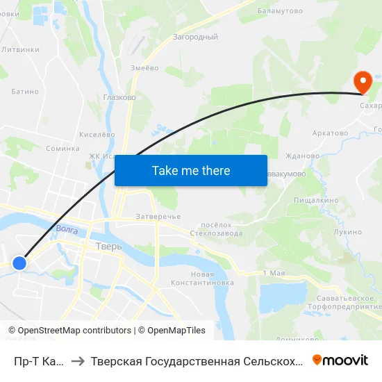 Пр-Т Калинина to Тверская Государственная Сельскохозяйственная Академия map