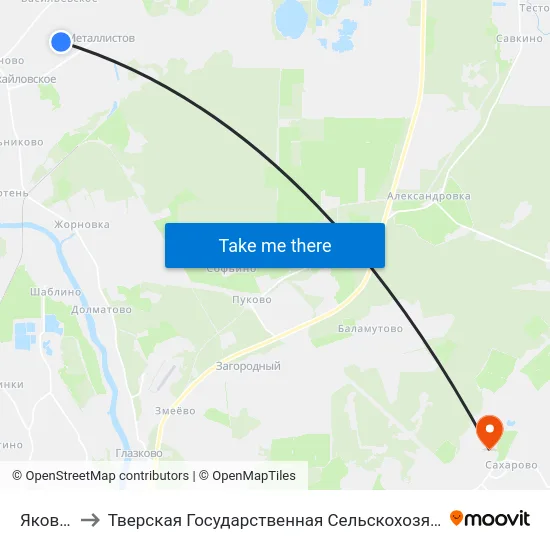 Яковлево to Тверская Государственная Сельскохозяйственная Академия map