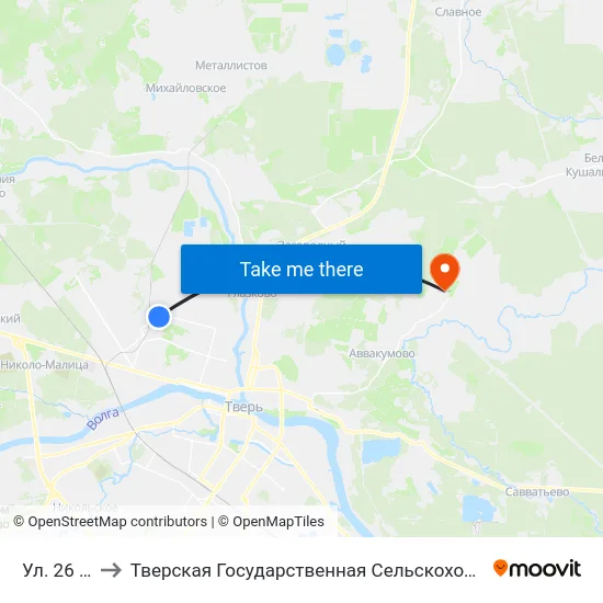 Ул. 26 Июля to Тверская Государственная Сельскохозяйственная Академия map