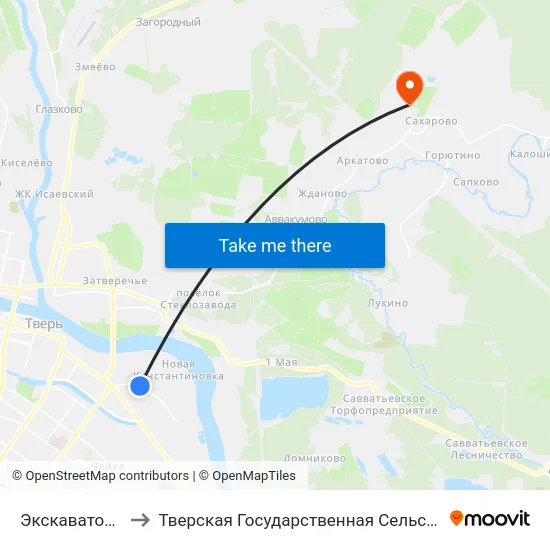 Экскаваторный Завод to Тверская Государственная Сельскохозяйственная Академия map