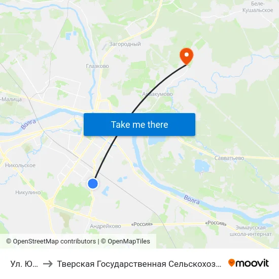 Ул. Южная to Тверская Государственная Сельскохозяйственная Академия map
