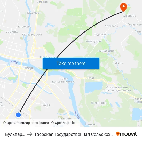 Бульвар Гусева to Тверская Государственная Сельскохозяйственная Академия map