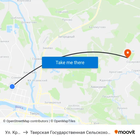 Ул. Красина to Тверская Государственная Сельскохозяйственная Академия map