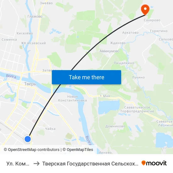 Ул. Коминтерна to Тверская Государственная Сельскохозяйственная Академия map