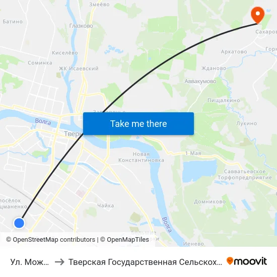 Ул. Можайского to Тверская Государственная Сельскохозяйственная Академия map