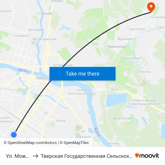 Ул. Можайского to Тверская Государственная Сельскохозяйственная Академия map