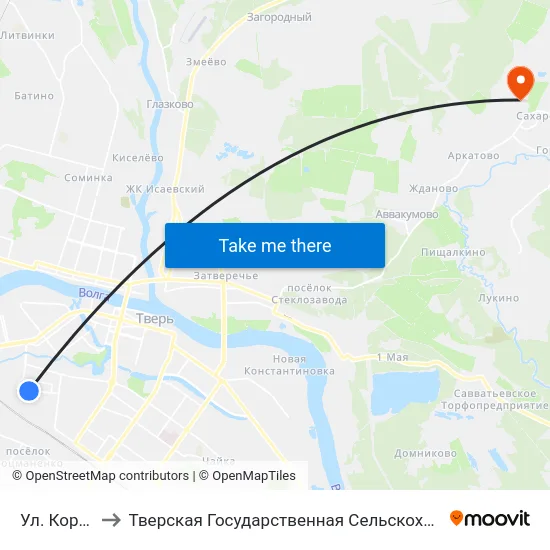 Ул. Коробкова to Тверская Государственная Сельскохозяйственная Академия map