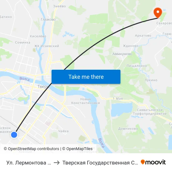 Ул. Лермонтова - Волоколамское Ш. to Тверская Государственная Сельскохозяйственная Академия map