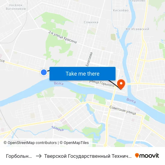 Горбольница №3 to Тверской Государственный Технический Университет map