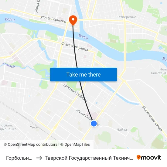 Горбольница №6 to Тверской Государственный Технический Университет map