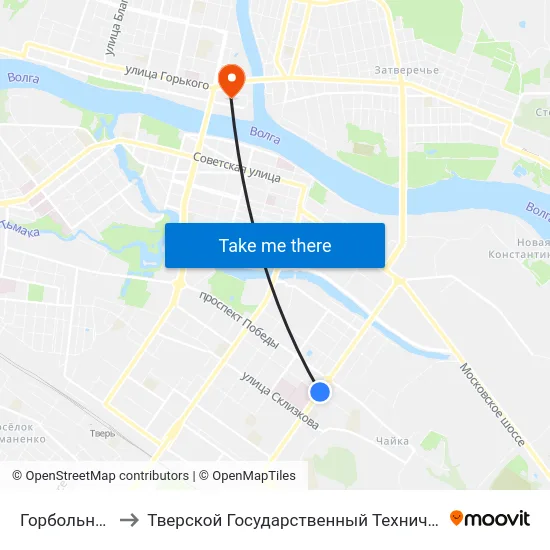 Горбольница №6 to Тверской Государственный Технический Университет map