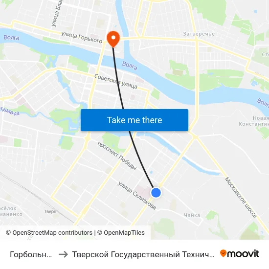 Горбольница №6 to Тверской Государственный Технический Университет map