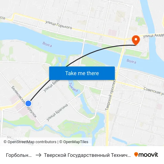 Горбольница №1 to Тверской Государственный Технический Университет map