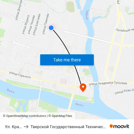Ул. Красина to Тверской Государственный Технический Университет map