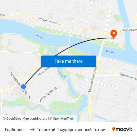 Горбольница №1 to Тверской Государственный Технический Университет map