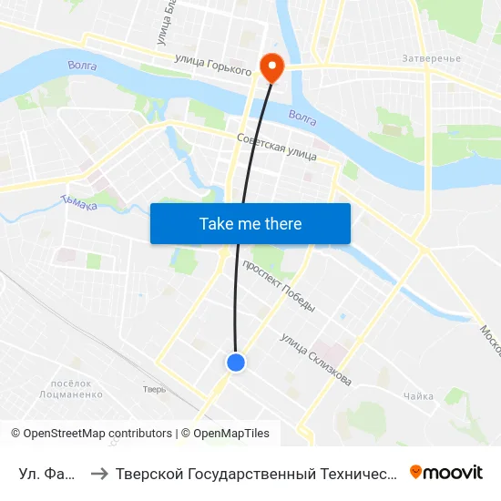 Ул. Фадеева to Тверской Государственный Технический Университет map