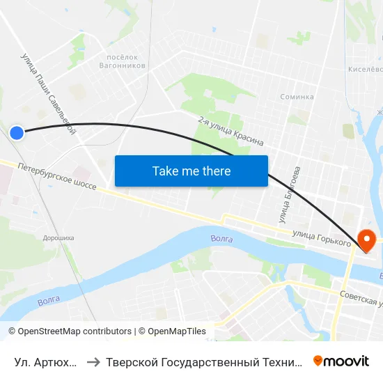 Ул. Артюхиной, 17 to Тверской Государственный Технический Университет map