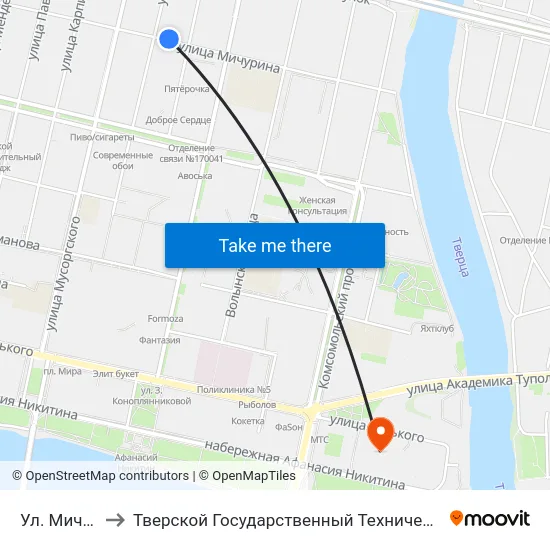 Ул. Мичурина to Тверской Государственный Технический Университет map
