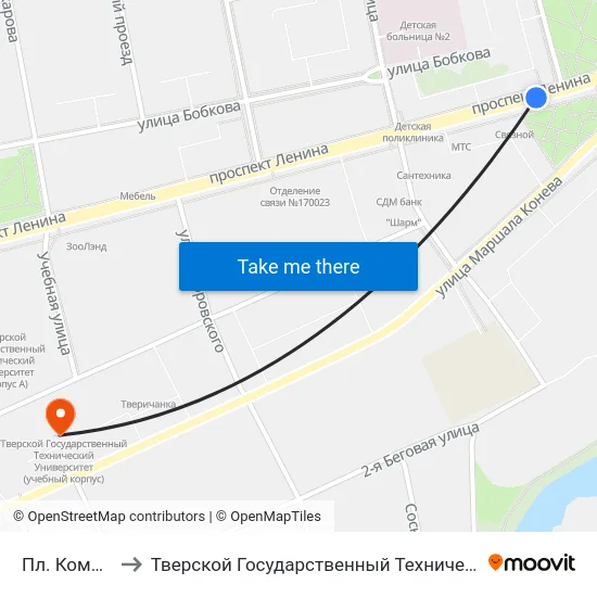 Пл. Комсомольская to Тверской Государственный Технический Университет (Учебный Корпус) map