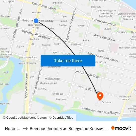 Новоторжская to Военная Академия Воздушно-Космической Обороны Имени Г.К. Жукова map