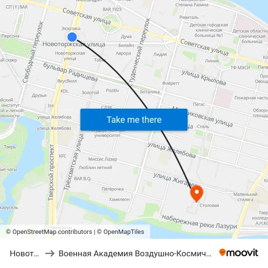 Новоторжская to Военная Академия Воздушно-Космической Обороны Имени Г.К. Жукова map
