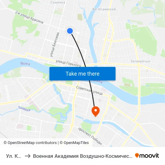Ул. Красина to Военная Академия Воздушно-Космической Обороны Имени Г.К. Жукова map