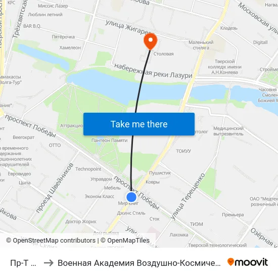 Пр-Т Победы to Военная Академия Воздушно-Космической Обороны Имени Г.К. Жукова map