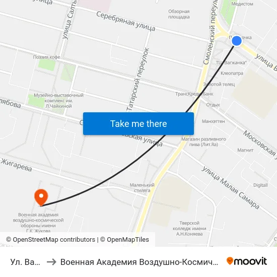 Ул. Вагжанова to Военная Академия Воздушно-Космической Обороны Имени Г.К. Жукова map