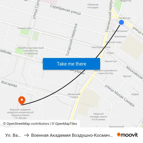 Ул. Вагжанова to Военная Академия Воздушно-Космической Обороны Имени Г.К. Жукова map