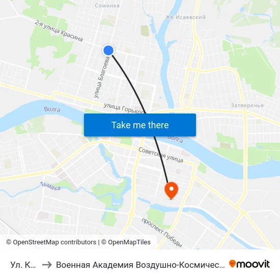 Ул. Красина to Военная Академия Воздушно-Космической Обороны Имени Г.К. Жукова map