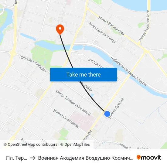 Пл. Терешковой to Военная Академия Воздушно-Космической Обороны Имени Г.К. Жукова map